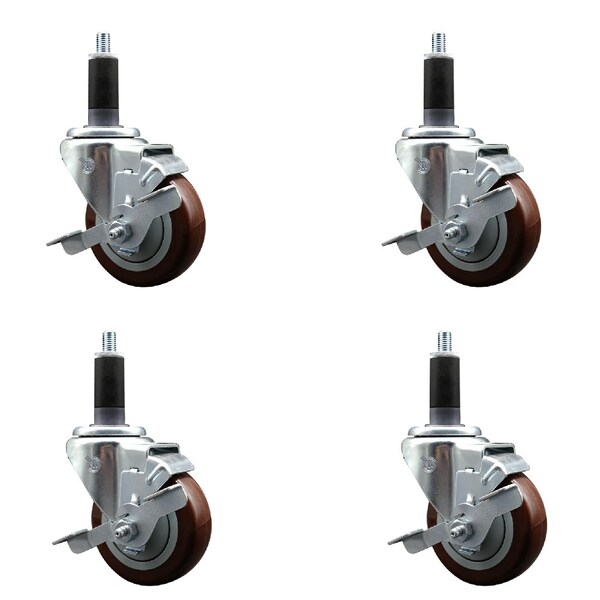 Service Caster 3.5'' SS Maroon Poly Swivel 1-1/8'' Expanding Stem Caster Set with Brake, 4PK SCC-SSEX20S3514-PPUB-MRN-TLB-118-4 - main